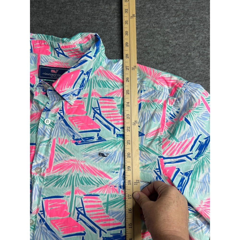 Vineyard Vines Mens XXL Beach Chair Palm Tree Print Cotton Whale Shirt Pink Blue - Picture 6 of 8
